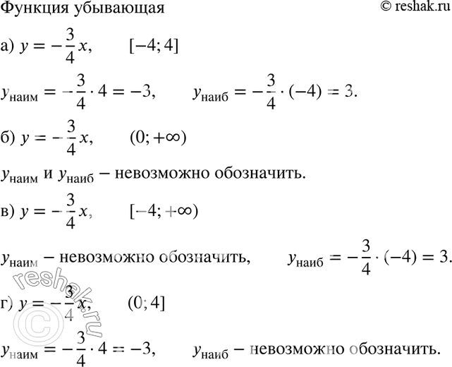 Изображение а) у = - 3х/4, если х принадлежит [-4; 4];б) у = - 3х/4, если х принадлежит(0; +бесконечность);в) у = -3х/4, если х принадлежит [-4; +бесконечность);г) у = -3x/4,...