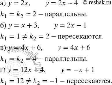 Изображение Не выполняя построения, установите взаимное расположение графиков линейных функций:а) у = 2х и у = 2х - 4;б) у = х + 3 и у = 2х - 1;в) у = 4х + 6 и у = 4х + 6;г)...
