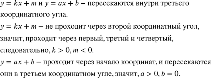 Изображение Графики линейных функций y = kx + m и y = ах + b пересекаются в точке, лежащей внутри третьего координатного угла координатной плоскости хОу. Определите знаки...