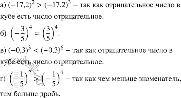 Изображение Укажите, какое из чисел больше:а) (-17,2)2 или (-17,2)3;	б) (-3/5)4 или (3/5)4;в) (-0,3)3 или (-0,3)6;г) (-1/5)2 или (-1/5)4....