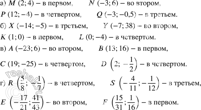 Изображение Не производя построения, ответьте на вопрос, в каком координатном угле расположена точка:а) М(2; 4), N(-3; 6), Р(12; -4), Q(-3; -0,5);б) Х(-14; -5), У(-7; 38), Х(1;...