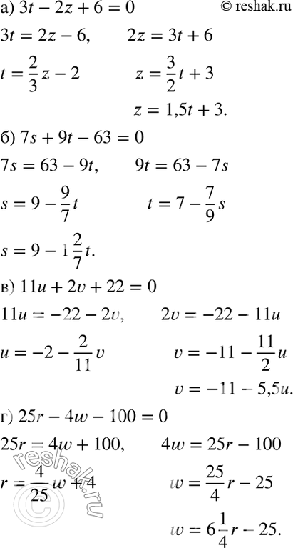 Изображение a) 3t - 2z + 6 = 0;	б) 7s + 9t - 63 = 0;	в) 11u 4- 2v + 22 = 0;г) 25r - 4w — 100 =...