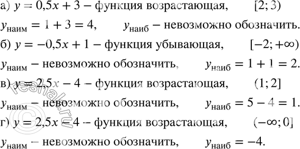 Изображение Найдите наименьшее и наибольшее значения линейной функции на заданном промежутке:а) у = 0,5x + 3, [2; 3);	б) у = -0,5x + 1, [-2;+бесконечность);	в) у =	2,5x - 4,...