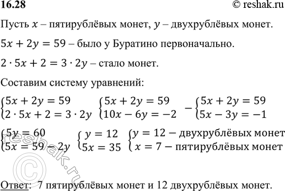Изображение Буратино положил в копилку 59 р. пятирублёвыми и двухрублёвыми монетами. В течение некоторого времени он докладывал туда деньги теми же монетами. Когда Буратино вскрыл...
