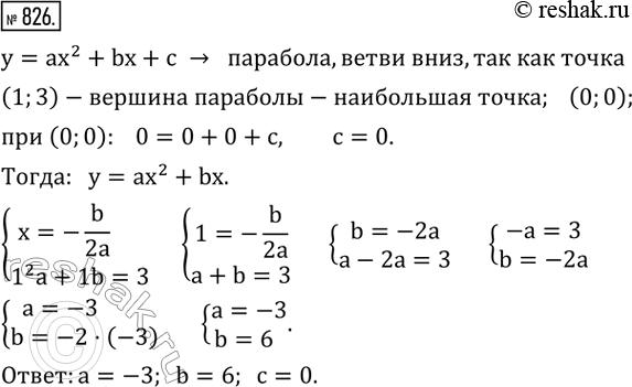 Изображение 826. Найти коэффициенты a, b, c квадратичной функции y=ax^2+bx+c, если она при x=1 принимает наибольшее значение, равное 3, а...