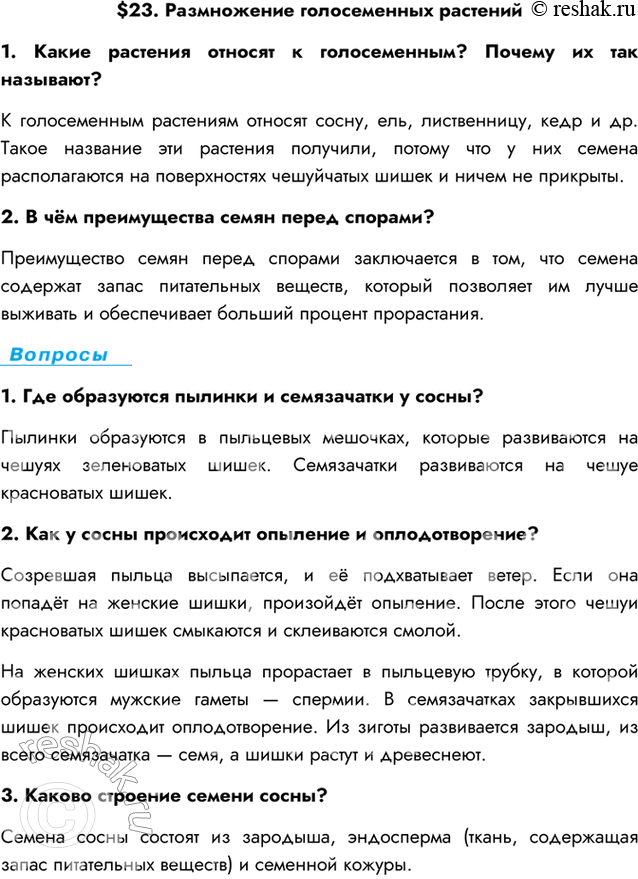 Изображение $23. Размножение голосеменных растений1. Какие растения относят к голосеменным? Почему их так называют?К голосеменным растениям относят сосну, ель, лиственницу, кедр...
