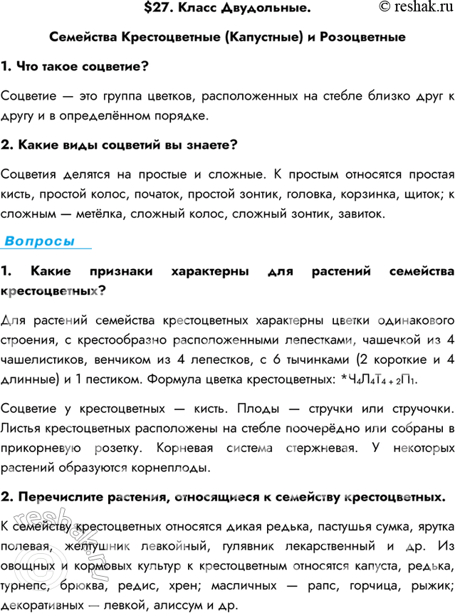 Изображение $27. Класс Двудольные. Семейства Крестоцветные (Капустные) и Розоцветные1. Что такое соцветие?Соцветие — это группа цветков, расположенных на стебле близко друг к...