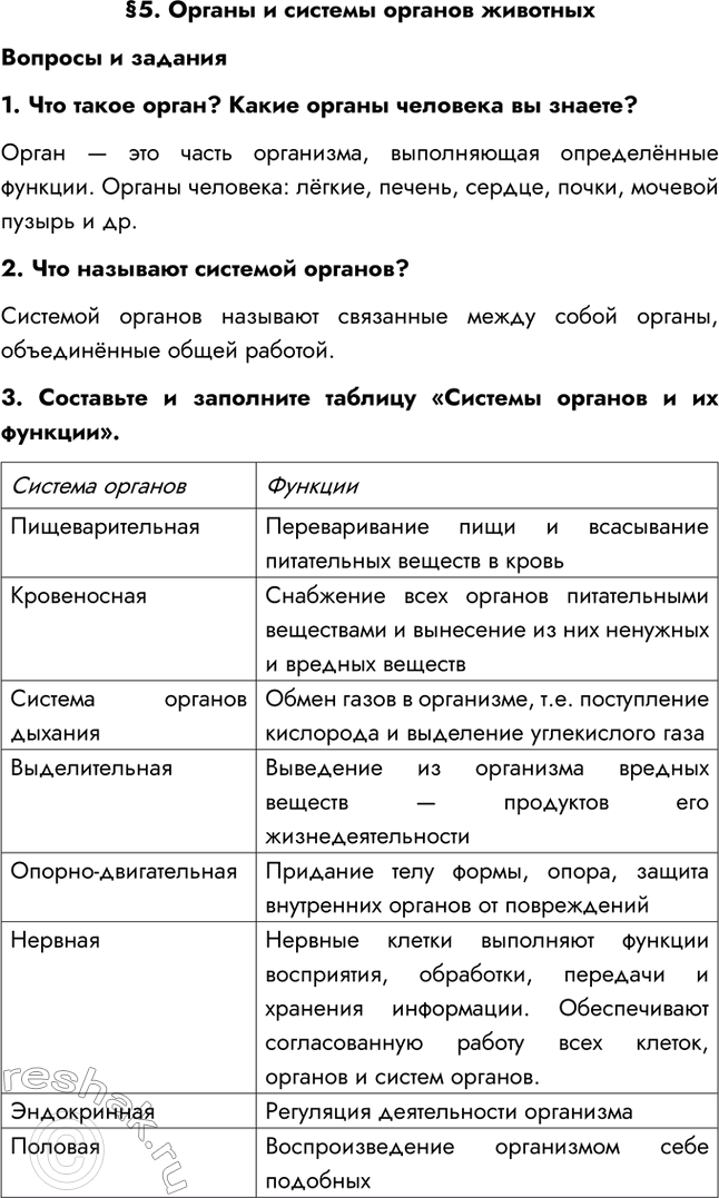 Изображение §5. Органы и системы органов животныхВопросы и задания1. Что такое орган? Какие органы человека вы знаете?Орган — это часть организма, выполняющая определённые...