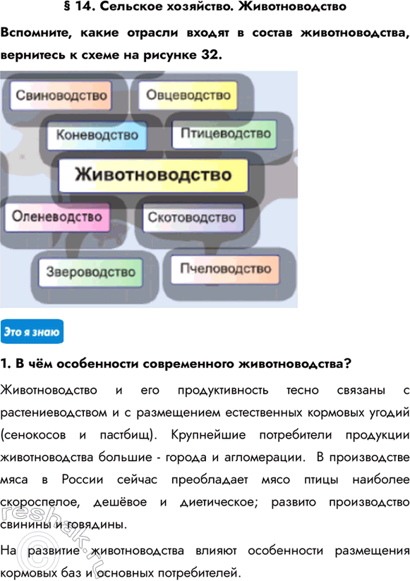 Изображение § 14. Сельское хозяйство. ЖивотноводствоВспомните, какие отрасли входят в состав животноводства, вернитесь к схеме на рисунке 32.1. В чём особенности современного...