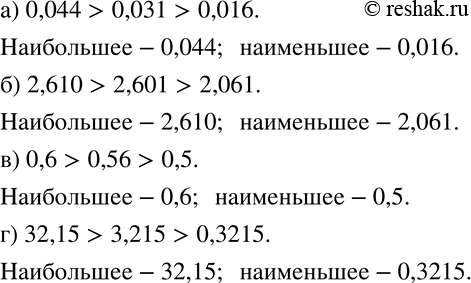 Изображение 149 Какое из трёх данных чисел наибольшее и какое наименьшее:а) 0,016; 0,044; 0,031;	б) 2,601; 2,610; 2,061;	в) 0,5; 0,6; 0,56;г) 3,215; 32,15;...