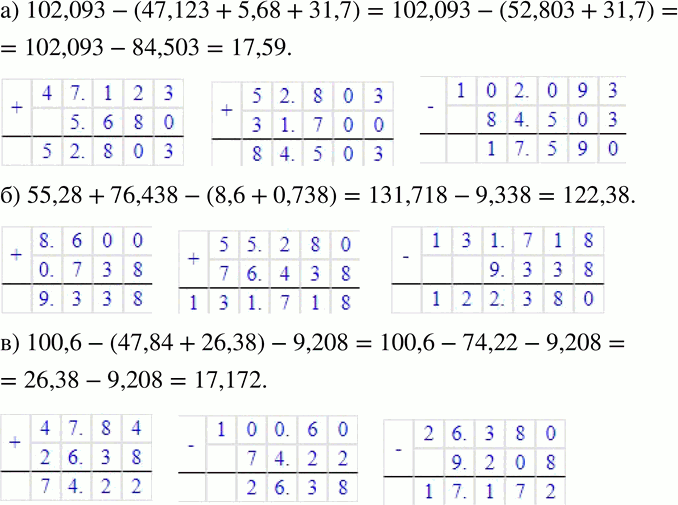 Изображение 167 Выполните действия:а) 102,093 - (47,123 + 5,68 + 31,7); б) 55,28 + 76,438 - (8,6 + 0,738);в) 100,6 - (47,84 + 26,38) -...