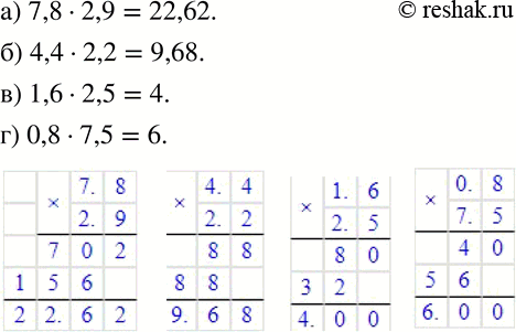 Изображение 198 Выполните умножение:а) 7,8 * 2,9;	б) 4,4 * 2,2;	в) 1,6 * 2,5;	г) 0,8 *...