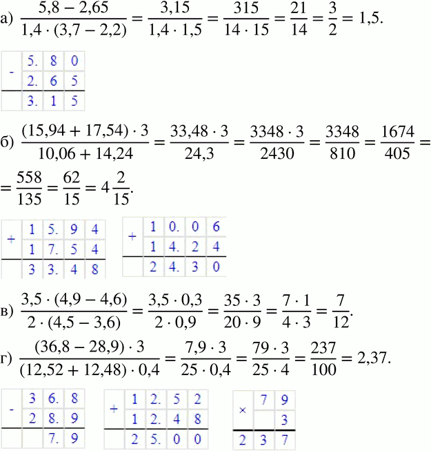 Изображение 257 Вычислите:а) (5,8 - 2,65)/(1,4*(3,7-2,2));б) ((15,94 + 17,54)*3)/(10,06+14,24);в) 3,5 * (4,9 - 4,6)/(2*(4,5-3,6));г) ((36,8 - 28,9)*3)/((12,52 +...
