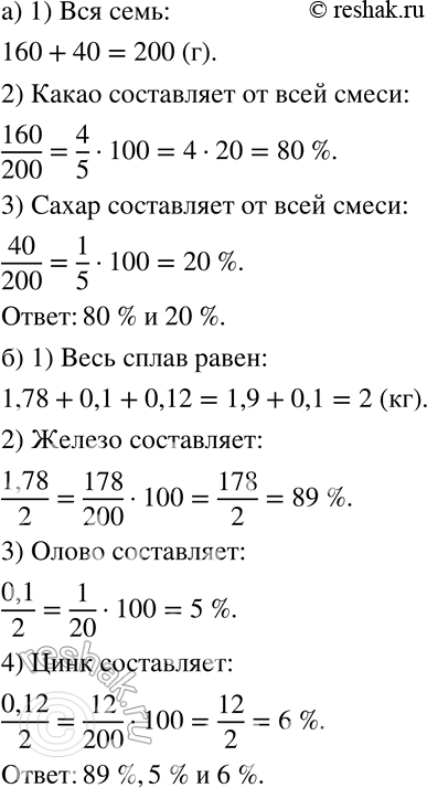 Изображение 392 а)	Смешали 160 г какао и 40 г сахара. Сколько процентов всей смеси составляет какао? Сколько процентов всей смеси составляет сахар?б) Бронза — это сплав железа с...
