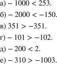 Изображение 538  Сравните числа:а) -1000 и 253;	б) -2000 и -150;	в) 351 и -351;г) -101 и -102;	д) -200 и 2;е) -310 и...