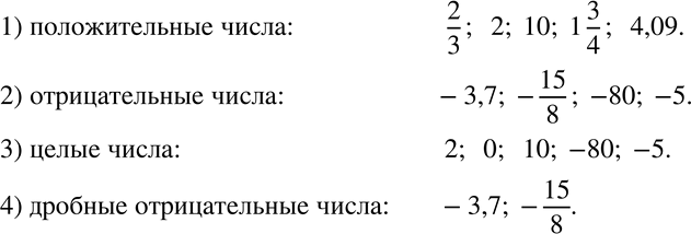 Изображение 599 Из чисел 2/3; 2; -3,7; 0; 10; —15/8; 1*3/4; -80; 4,09; -5 выпишите:1) положительные числа;2) отрицательные числа;3) целые числа;4) дробные отрицательные...