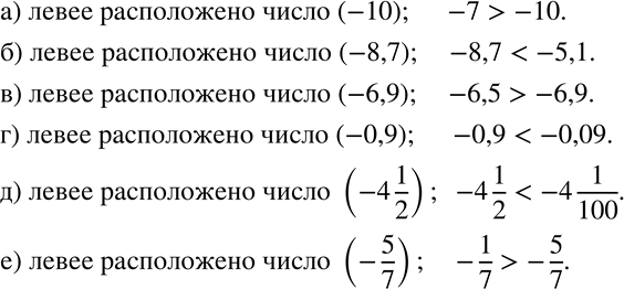 Изображение 618 Какое из чисел расположено на координатной прямой левее, какое из них меньше:а) -7 или -10; б) -8,7 или -5,1;в) -6,5 или -6,9;г) -0,9 или -0,09;д) -4*1/2...