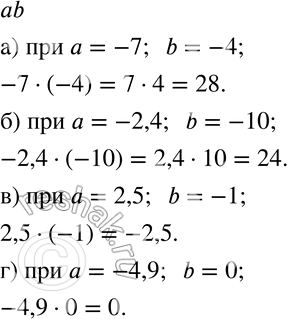 Изображение 651 Найдите значение выражения ab:а) при а = -7, b = -4;б) при а = -2,4, b = -10;в) при а = 2,5, b = —1;г) при а = -4,9, b =...