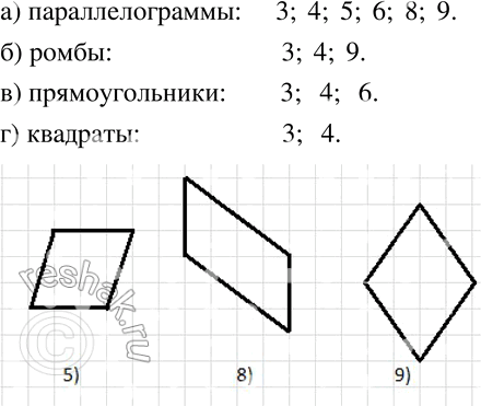 Изображение 693 Найдите на рисунке 11.10 все: а) параллелограммы; б) ромбы; в) прямоугольники; г) квадраты. Перечертите в тетрадь параллелограммы с номерами 5, 8,...