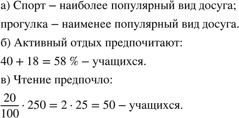 Изображение 70 На диаграмме (рис. 1.7) показано, как распределились ответы учащихся на вопрос: «Какой вид досуга вы предпочитаете: чтение, просмотр телепередач, занятия спортом,...