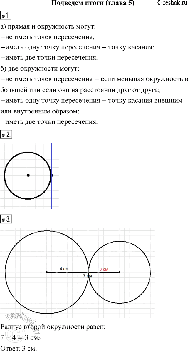 Изображение Подведём итоги1 Назовите все случаи взаимного расположения:а) прямой и окружности;б) двух окружностей.2 Начертите окружность, отметьте на ней какую-нибудь...