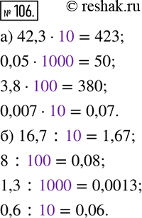 Изображение 106. Какое число пропущено (Впишите его)а) 42,3·__=423; 0,05·__=50; 3,8·__=380; 0,007·__=0,07. б) 16,7 :__=1,67; 8 :__=0,08; 1,3 :__=0,0013; 0,6...