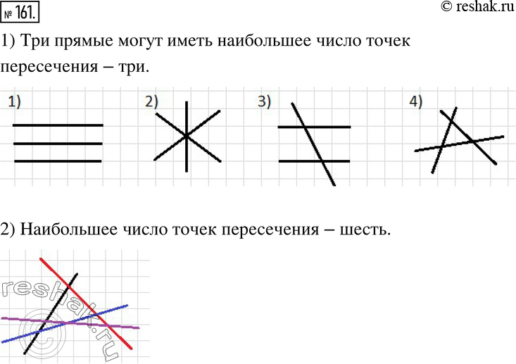 Изображение 161. Исследуем. 1) Изобразите все случаи взаимного расположения трёх прямых на плоскости (случаев всего 4). Какое наибольшее число точек пересечения могут иметь три...