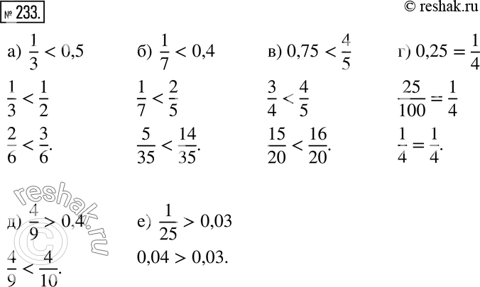 Изображение 233. Сравните:а) 1/3 и 0,5;б) 1/7 и 0,4;в) 0,75 и 4/5;г) 0,25 и 1/4;д) 4/9 и 0,4;е) 1/25 и...