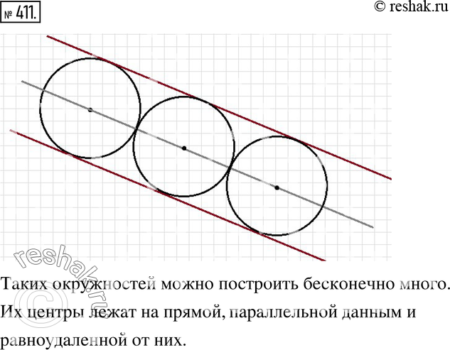 Изображение 411. Экспериментируем. Начертите две параллельные прямые. Постройте какую-нибудь окружность, для которой обе эти прямые являются касательными. Сколько таких...