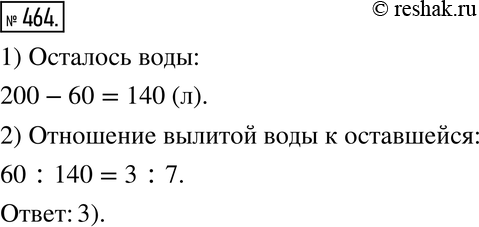 Изображение 464. Из 200-литровой бочки, наполненной водой, отлили 60 л. Какое из следующих отношений означает отношение количества вылитой воды к оставшейся?1) 3:10. 2) 7:3....