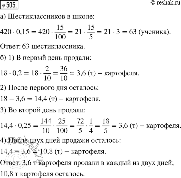 Изображение 505. а) В школе 420 учащихся; в шестых классах учатся 0,15 всех учащихся школы. Сколько в школе шестиклассников?б) В магазин привезли 18 т картофеля. В первый день...