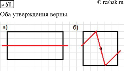 Изображение 611. Верно или неверно. Сделав соответствующий рисунок, определите, верно ли следующее утверждение:а) Любая прямая, проходящая через центр симметрии прямоугольника,...