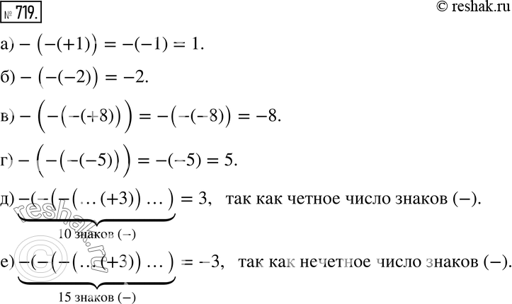 Изображение 719. Запишите число, равное данному:а) -(-(+1));б) -(-(-2));в) -(-(-(+8)));г) -(-(-(-5)));д) -(-(-(...(+3))...);10 знаков «-»е) -(-(-(...(+3))...).15...