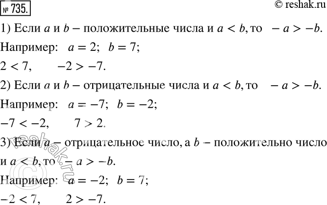 Изображение 735. Исследуем. О целых числах a и b известно, что a < b. Сравните числа -a и -b.Указание. Рассмотрите 3 случая, изобразив каждый из них на координатной прямой: 1)...