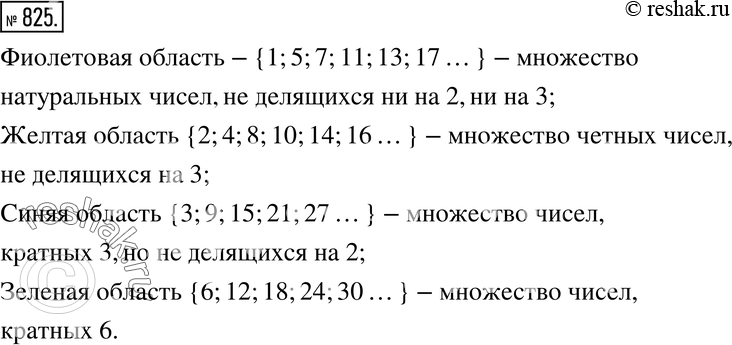 Изображение 825. На рисунке 10.7 большой круг изображает множество натуральных чисел N, а два малых - его подмножества: A - множество чисел, делящихся на 2, B - множество чисел,...