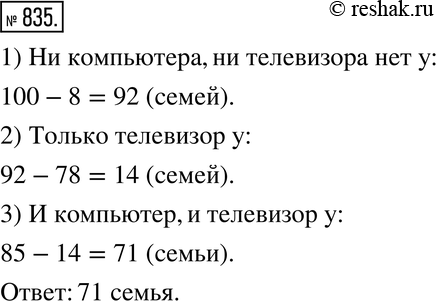 Изображение 835. При опросе 100 семей выяснилось, что у 78 из них есть компьютер, у 85 - телевизор, а у 8 семей нет ни компьютера, ни телевизора. У скольких семей есть и телевизор,...