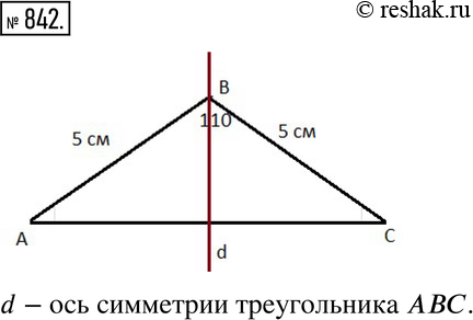 Изображение 842. Постройте равнобедренный треугольник, боковые стороны которого равны 5 см, а угол между ними равен 110 градусов. Проведите его ось...