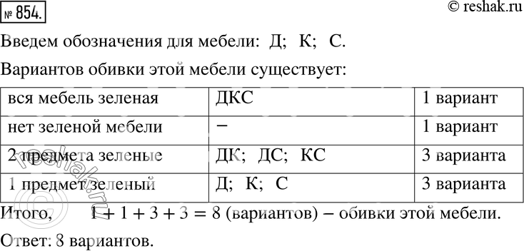Изображение 854. Имеется ткань двух цветов - голубая и зелёная и требуется обить диван, кресло и стул. Сколько существует различных вариантов обивки этой...
