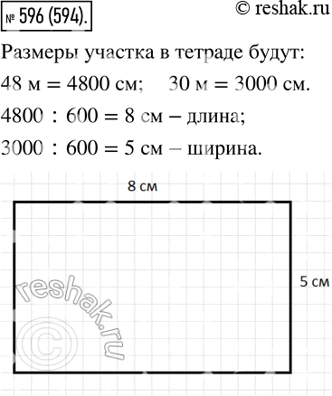 Изображение 596. Размеры участка прямоугольной формы составляют 48 м и 30 м. Начертите в тетради план этого участка в масштабе 1 :...