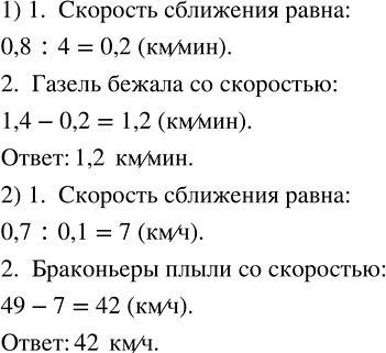 Изображение 2.194. 1) Гепард начал догонять бегущую газель, когда между ними было 0,8 км. С какой скоростью бежала газель, если скорость гепарда 1,4 км/мин и догнал он газель через...