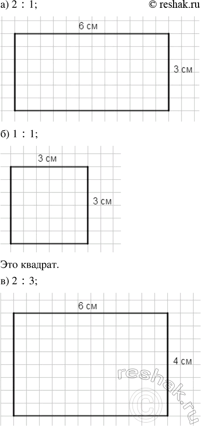 Изображение 3.6. Начертите прямоугольники, отношение сторон которых равно: а) 2 : 1; б) 1 : 1; в) 2 : 3. Как называется прямоугольник в случае...