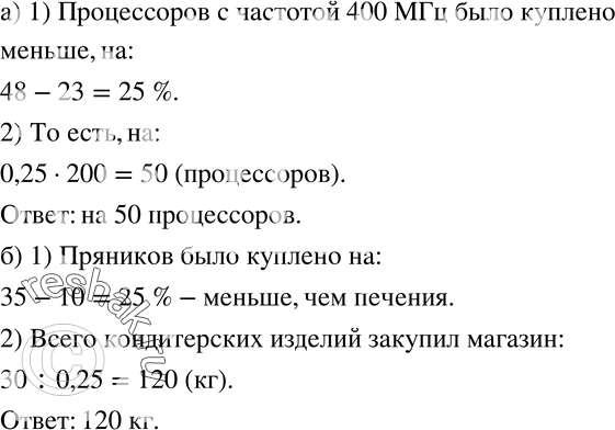 Изображение 143 (Устно.)а) Оптовая фирма по торговле компьютерным оборудованием закупила 200 процессоров разной частоты. Из них процесорры с частотой 333 МГц составили 48 %, а с...