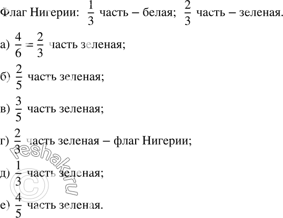 Изображение 144. Флаг Нигерии поделен на три равные части, причем 1/3 флага белая, а 2/3 - зеленые. Определите, какая часть флага закрашена зеленым цветом в каждом случае (рис.31),...