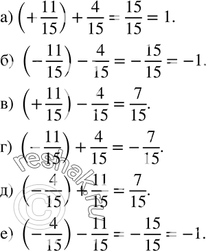 Изображение 194. Вычислите:а)(+11/15)+4/15; б) (-11/15)-4/15;  в) (+11/15)-4/15; г) (-11/15)+4/15; д) (-4/15)+11/15; е) (-4/15)-11/15.  ...