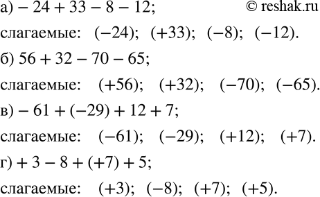 Изображение 227. (Устно.) Назовите слагаемые алгебраической суммы:а)-24+33-8-12; б) 56+32-70-65; в)-61+(-29)+12+7; г)+3-8+(+7)+5....