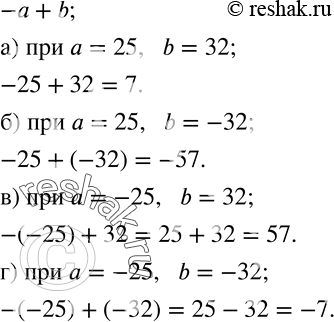 Изображение 285. Найдите значение выражения -a+b, если:а) a=25,   b=32; б) a=25,   b=-32; в) a=-25,   b=32; г) a=-25,   b=-32....