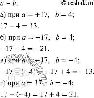 Изображение 286. Найдите значение выражения a-b, если:а) a=+17,   b=4; б) a=-17,   b=4; в) a=-17,   b=-4; г) a=17,   b=-4....