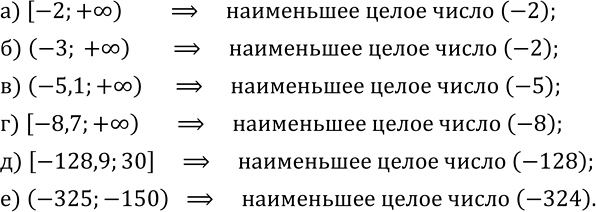 Изображение 344. Укажите наименьшее целое число, принадлежащее данному числовому промежутку:а) [-2;+?); б) (-3; +?); в) (-5,1;+?); г) [-8,7;+?); д) [-128,9;30]; е)...