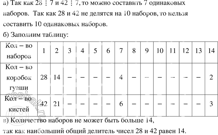 Изображение 720. В качестве подарков для участников школьного конкурса рисунков приобрели 28 коробок гуаши и 42 кисти, из которых составили одинаковые наборы. Ответьте на вопросы и...