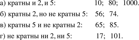 Изображение 816. ДАны числа: 10, 17, 56, 65, 74, 80, 85, 101, 1000. Укажите те из них, которые:а) кратны одновременно и 2, и 5;б) кратны 2 и не кратны 5; в) кратны 5 и не...